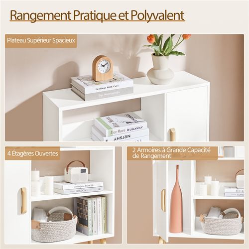 Bibliothèque à 4 Niveaux Avec 2 Armoires De Rangement Scandinave Blanc