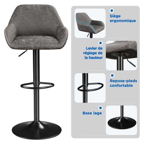 Lot De 4 Tabourets De Bar Vintage En Simili Pu Gris