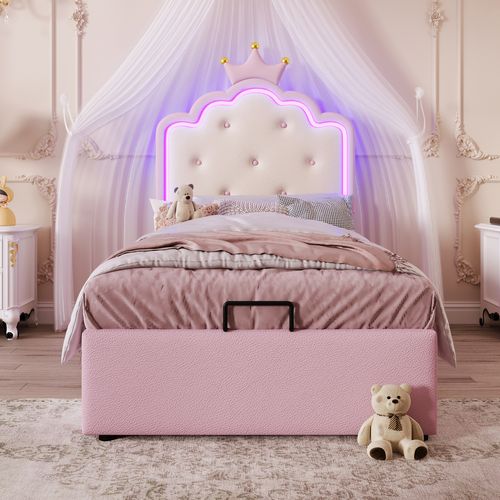 Lit LED Enfant Lit 90x200 Avec Sommier à Lattes Et Rangement Hydraulique, Pu, ​​rose