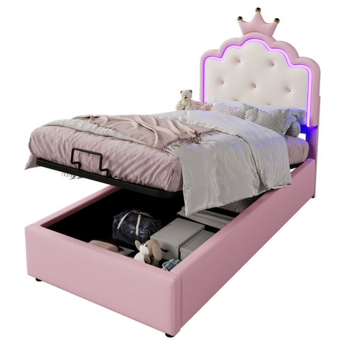 Lit LED Enfant Lit 90x200 Avec Sommier à Lattes Et Rangement Hydraulique, Pu, ​​rose