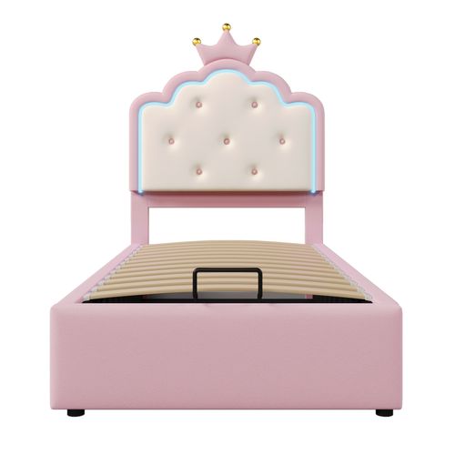 Lit LED Enfant Lit 90x200 Avec Sommier à Lattes Et Rangement Hydraulique, Pu, ​​rose