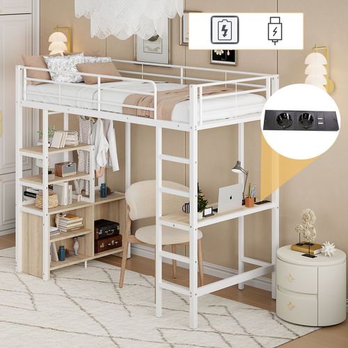 Lit Mezzanine Lit Enfant 90x200cm, Bureau, Armoire De Rangement Ouverte, Métal, Blanc