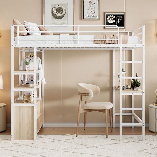 Lit Mezzanine Lit Enfant 90x200cm, Bureau, Armoire De Rangement Ouverte, Métal, Blanc