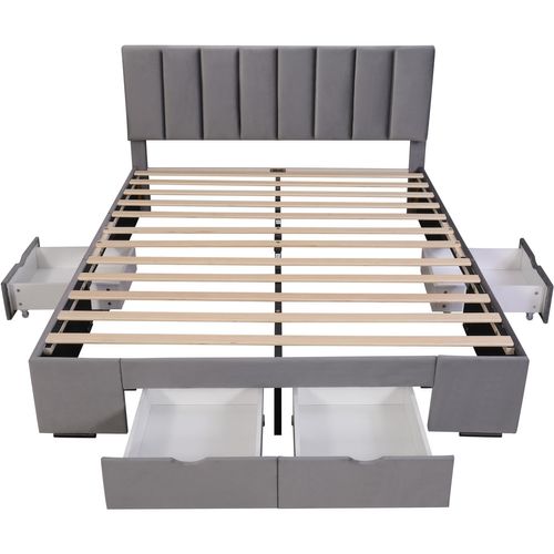 Lit Double Capitonné 160x200 Cm, Lit Adulte Avec 4 Tiroirs à Roulettes, Velours, Gris