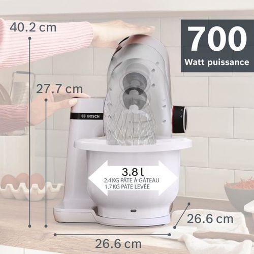 Robot Pâtissier  Serie 2 - 700 W - 4 Vitesses - 3,8 L - 3 Disques - Hachoir à Viande - Blanc