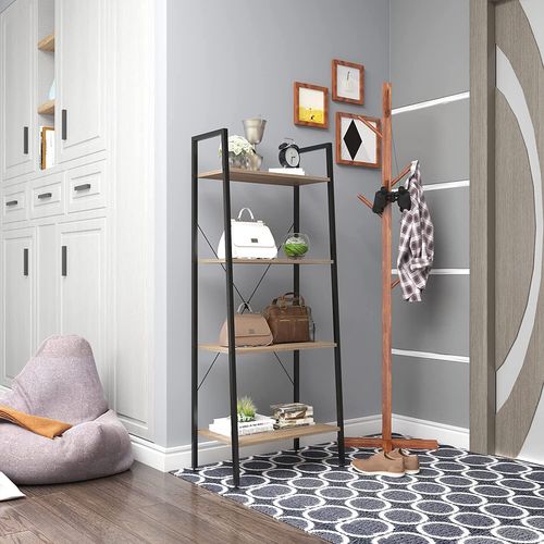 Étagère De Rangement En Acier Et En Bois Avec 4 Tablettes.60x35x148cm.Noir+Chêne Clair