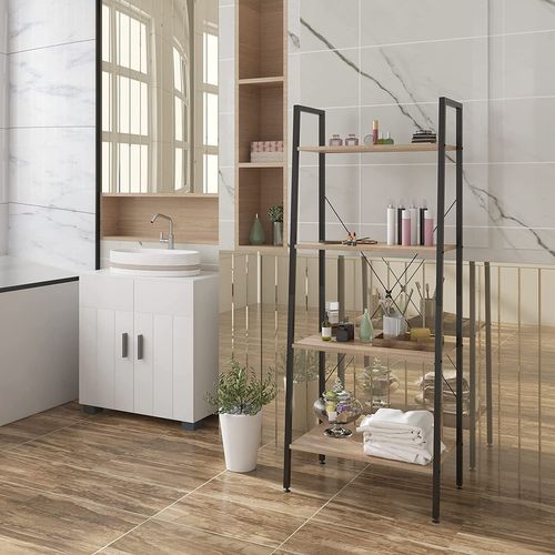 Étagère De Rangement En Acier Et En Bois Avec 4 Tablettes.60x35x148cm.Noir+Chêne Clair