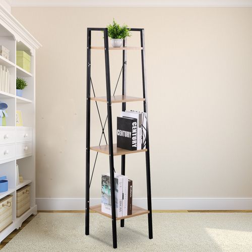 Étagère De Rangement En Acier+bois Avec 4 Tablettes.étagère Royonnage.34x35x148cm.noir+chêne Clair