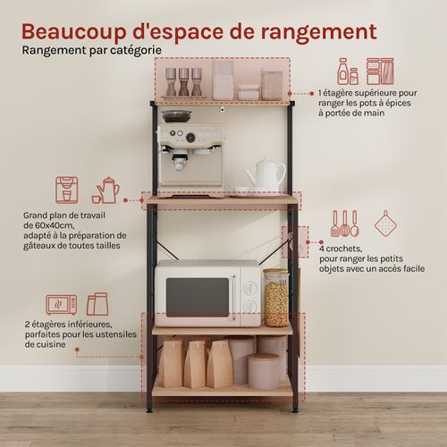 Étagère De Rangement à Micro-Ondes.Étagère De Cuisine En Bois Massif+Cadre En Acier.60x40x123cm