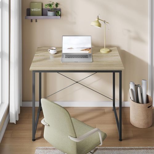Table De Travail En Acier+Bois. Bureau D’ordinateur Avec Étagère. 80x60x70 Cm. Noir+Chêne Clair