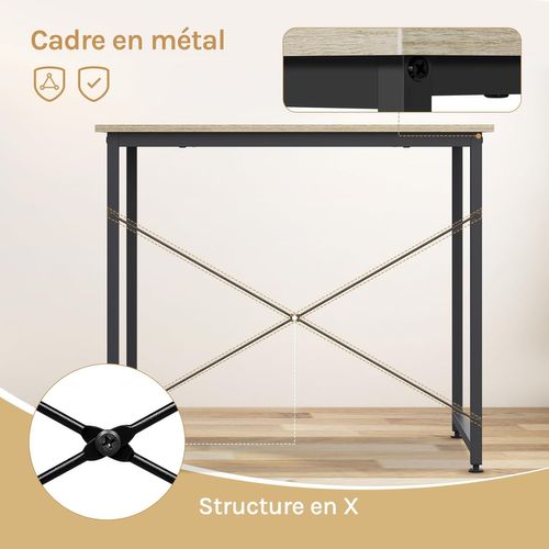 Table De Travail En Acier+Bois. Bureau D’ordinateur Avec Étagère. 80x60x70 Cm. Noir+Chêne Clair