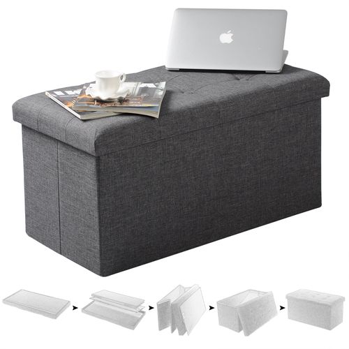 Tabouret Banc Coffre De Rangement Pouf Pliable En Lin-couvercle Amovible-76x37.5x38cm-gris Foncé