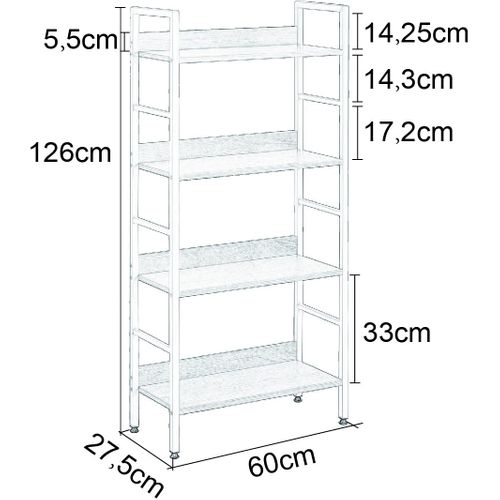 Étagère De Rangement En Acier Et En Bois Avec 4 Tablettes. Blanc+chêne Clair. 60x27.5x126cm