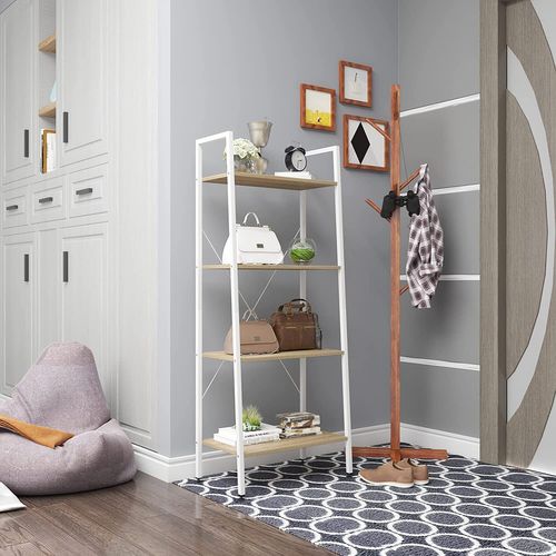 Étagère De Rangement En Acier+bois Avec 4 Tablettes.étagère Royonnage.60x35x148cm.blanc+chêne Clair