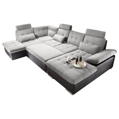 Canapé panoramique convertible gauche JAKARTA tissu gris clair et PU/PVC