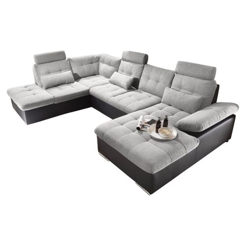 Canapé panoramique convertible gauche JAKARTA tissu gris clair et PU/PVC