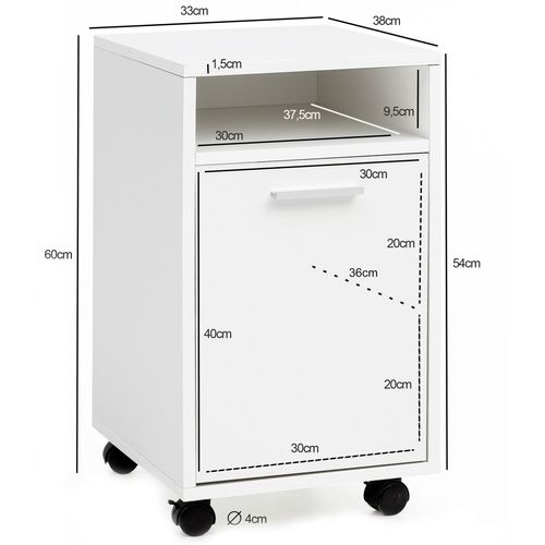 Caisson De Bureau 33x60x38 Cm Placard De Rangement Mobile Avec Roulettes Blanc