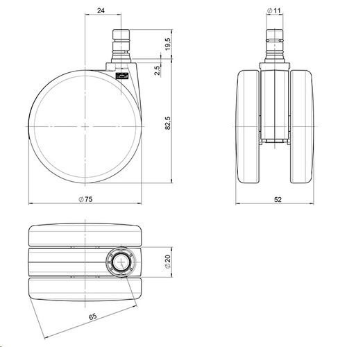 Roulettes 5x Rolo No-noise 11mm/75mm Métal, Plastique Noir