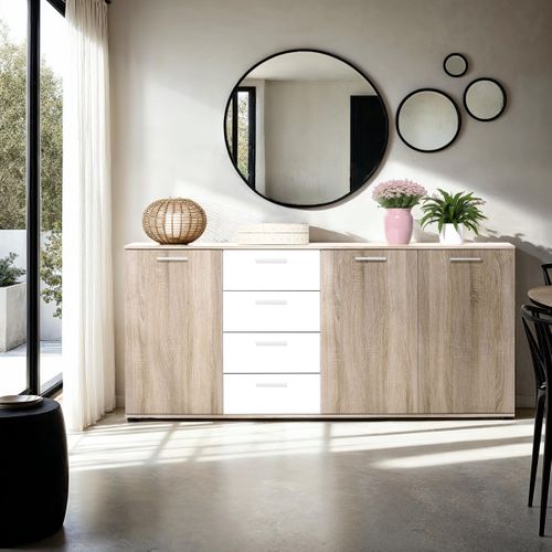 Buffet 3 portes/4 tiroirs TOLEDO décor chêne sonoma/blanc