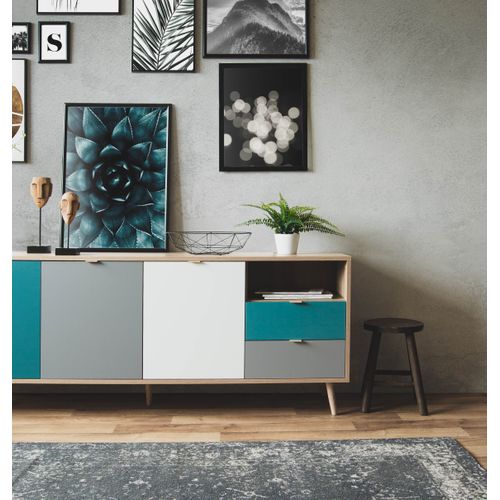 Buffet scandinave ARUBA Chêne, bleu, gris et blanc