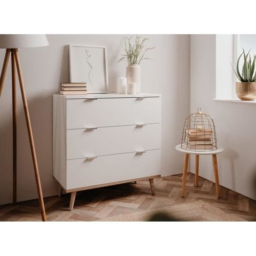 Commode Göteborg 3 Tiroirs Décor Chêne Sonoma Blanc Scandinave L 79,8 X P 40 X H 86,5 Cm