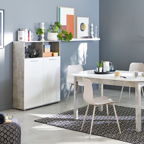 Buffet haut 2 portes/ 2 niches TOLEDO imitaton béton/ blanc