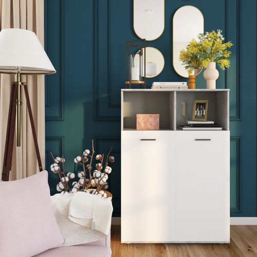 Buffet haut 2 portes/ 2 niches TOLEDO imitaton béton/ blanc