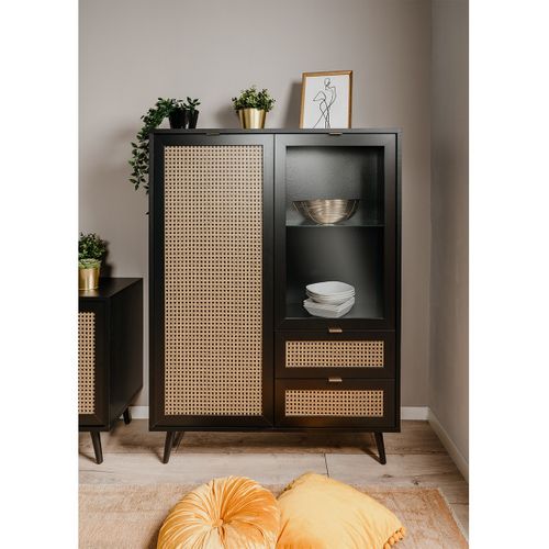 Vaisselier 2 Portes 2 Tiroirs Impression Cannage Et Noir - L101,4 Cm