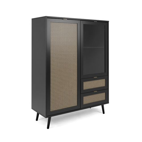 Vaisselier 2 Portes 2 Tiroirs Impression Cannage Et Noir - L101,4 Cm