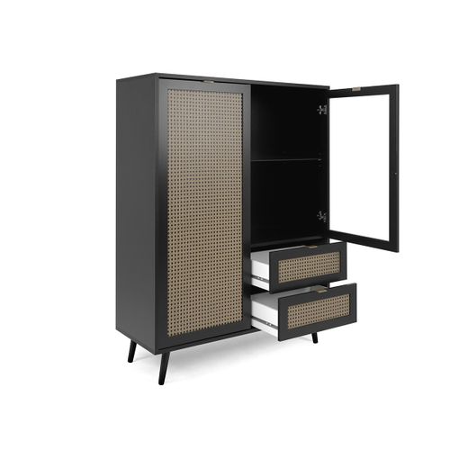 Vaisselier 2 Portes 2 Tiroirs Impression Cannage Et Noir - L101,4 Cm