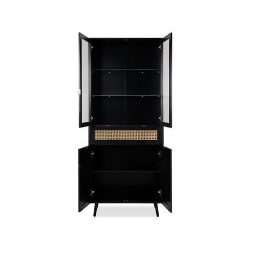 Vaisselier 2 Portes Vitrées 1 Tiroir Impression Cannage Et Noir- L80 Cm