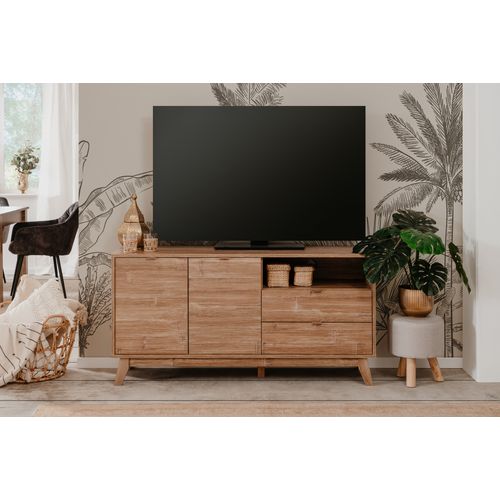 Meuble TV 2 Portes, 2 Tiroirs Et 1 Niche Effet Bois - L140 X H70 Cm