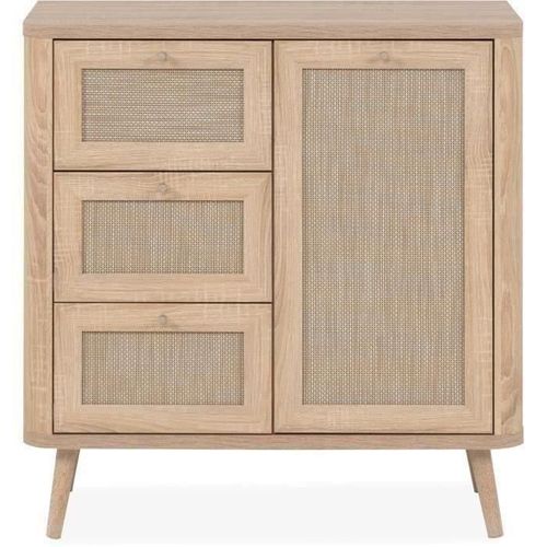 Commode - 3 Tiroirs - 1 Porte - Décor Cannage - L80,9 X H84 X P40 Cm