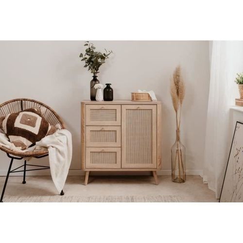 Commode - 3 Tiroirs - 1 Porte - Décor Cannage - L80,9 X H84 X P40 Cm