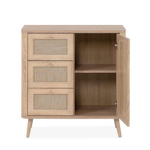 Commode - 3 Tiroirs - 1 Porte - Décor Cannage - L80,9 X H84 X P40 Cm