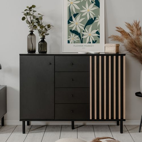 Buffet 2 Portes 4 Tiroirs Noir Et Bois Monza