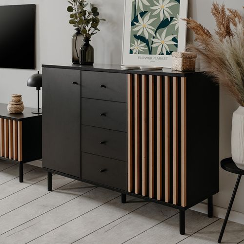 Buffet 2 Portes 4 Tiroirs Noir Et Bois Monza