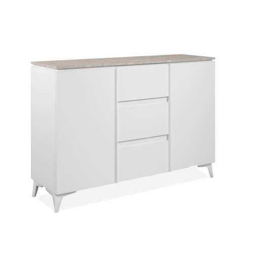 Commode 2 Portes Et 3 Tiroirs Décor Travertin Et Blanc L133cm