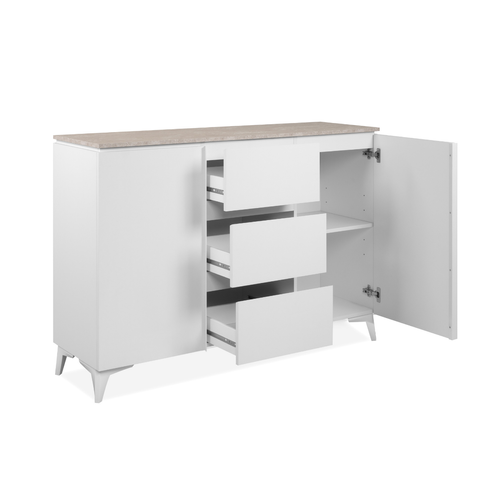 Commode 2 Portes Et 3 Tiroirs Décor Travertin Et Blanc L133cm