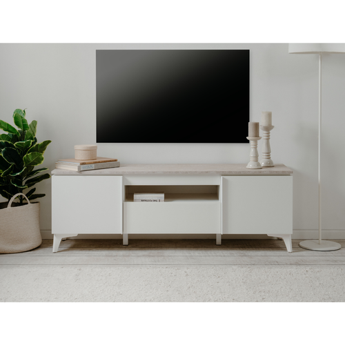 Meuble TV 2 Portes, 1 Tiroir, 1 Niche Décor Travertin Et Blanc L150cm