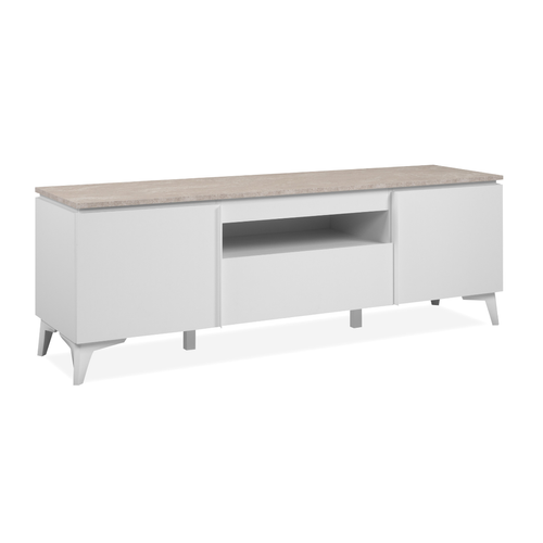 Meuble TV 2 Portes, 1 Tiroir, 1 Niche Décor Travertin Et Blanc L150cm