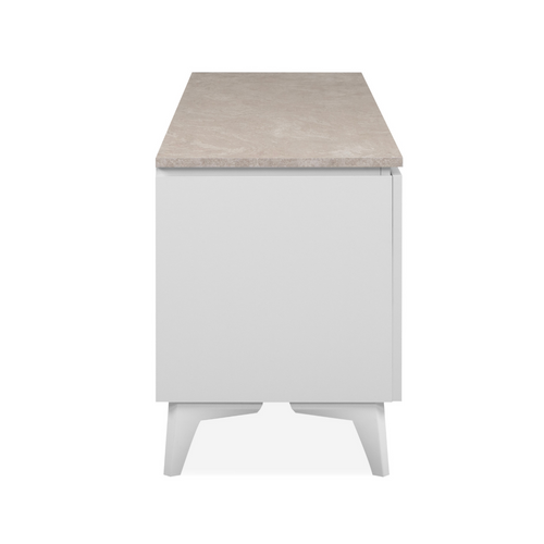 Meuble TV 2 Portes, 1 Tiroir, 1 Niche Décor Travertin Et Blanc L150cm