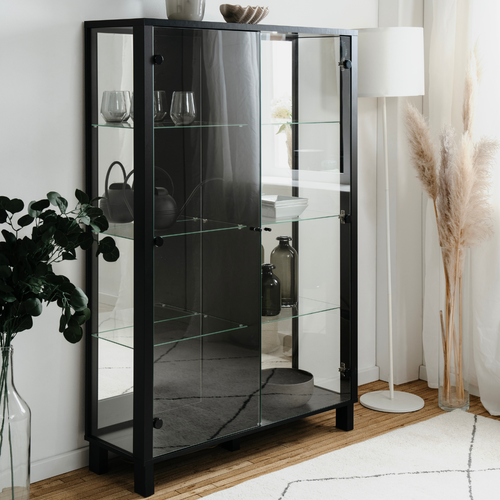 Vitrine 2 Portes Vitrées Et 6 Étagères En Verre Noir Et Miroir L100cm