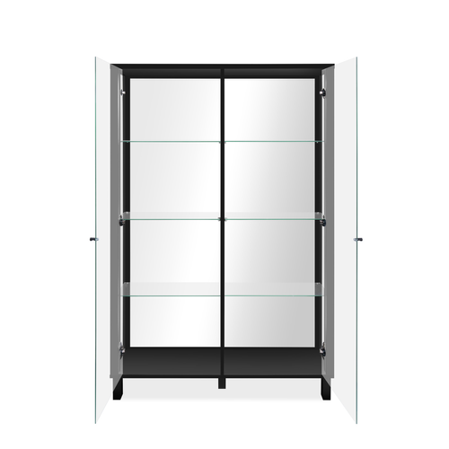 Vitrine 2 Portes Vitrées Et 6 Étagères En Verre Noir Et Miroir L100cm