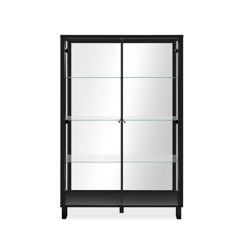 Vitrine 2 Portes Vitrées Et 6 Étagères En Verre Noir Et Miroir L100cm