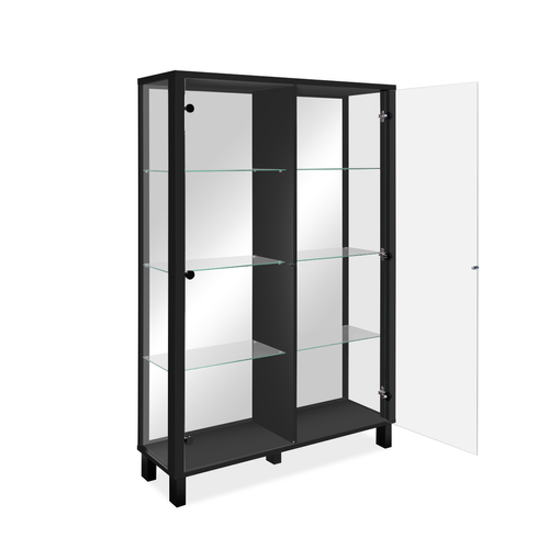 Vitrine 2 Portes Vitrées Et 6 Étagères En Verre Noir Et Miroir L100cm