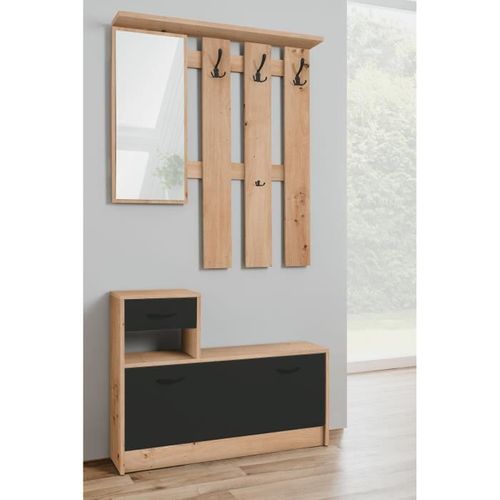 Vestiaire 3 Crochets - Rudolf - Chêne Artisan / Noir - Style Industriel - 100 X 25 X 180 Cm