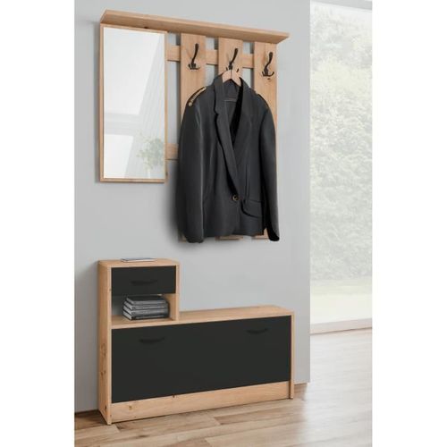 Vestiaire 3 Crochets - Rudolf - Chêne Artisan / Noir - Style Industriel - 100 X 25 X 180 Cm