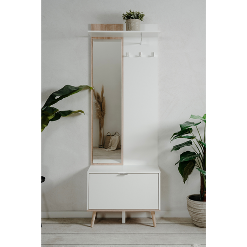 Vestiaire Avec Miroir Et Rangements Décor Chêne Et Blanc H200 Cm