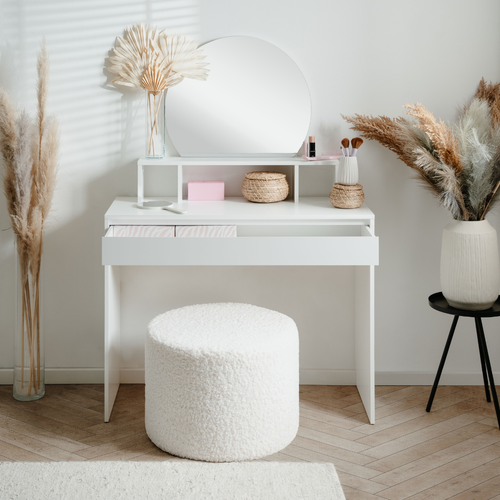 Coiffeuse 1 Miroir Arrondi 3 Niches Supérieures 1 Grand Tiroir L100cm